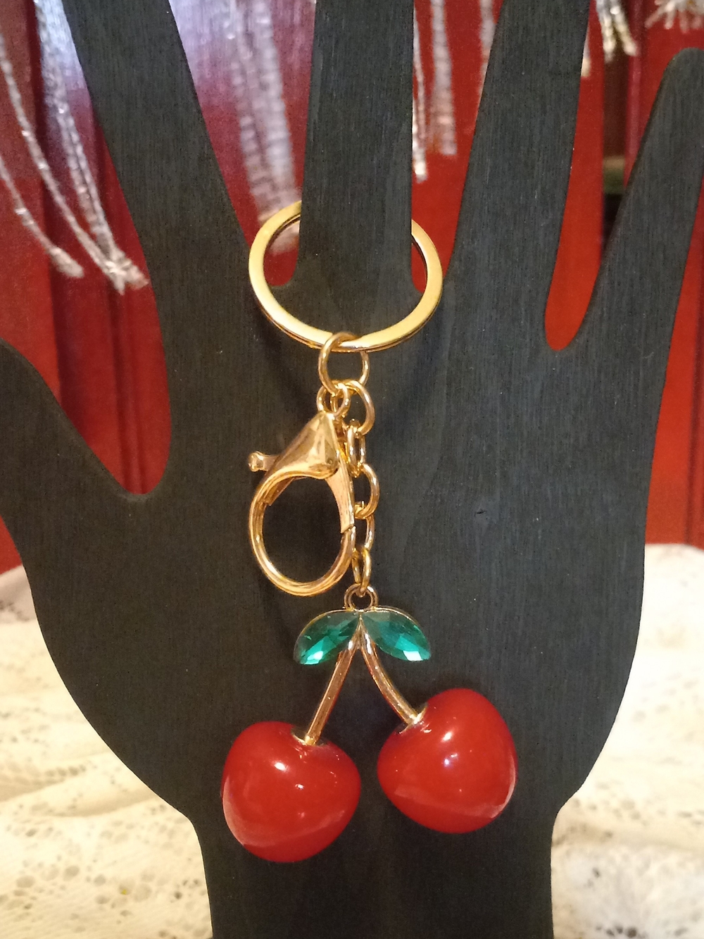Gold-Tone Cherry Keychain Bag Charm with Red Enamel Cherries